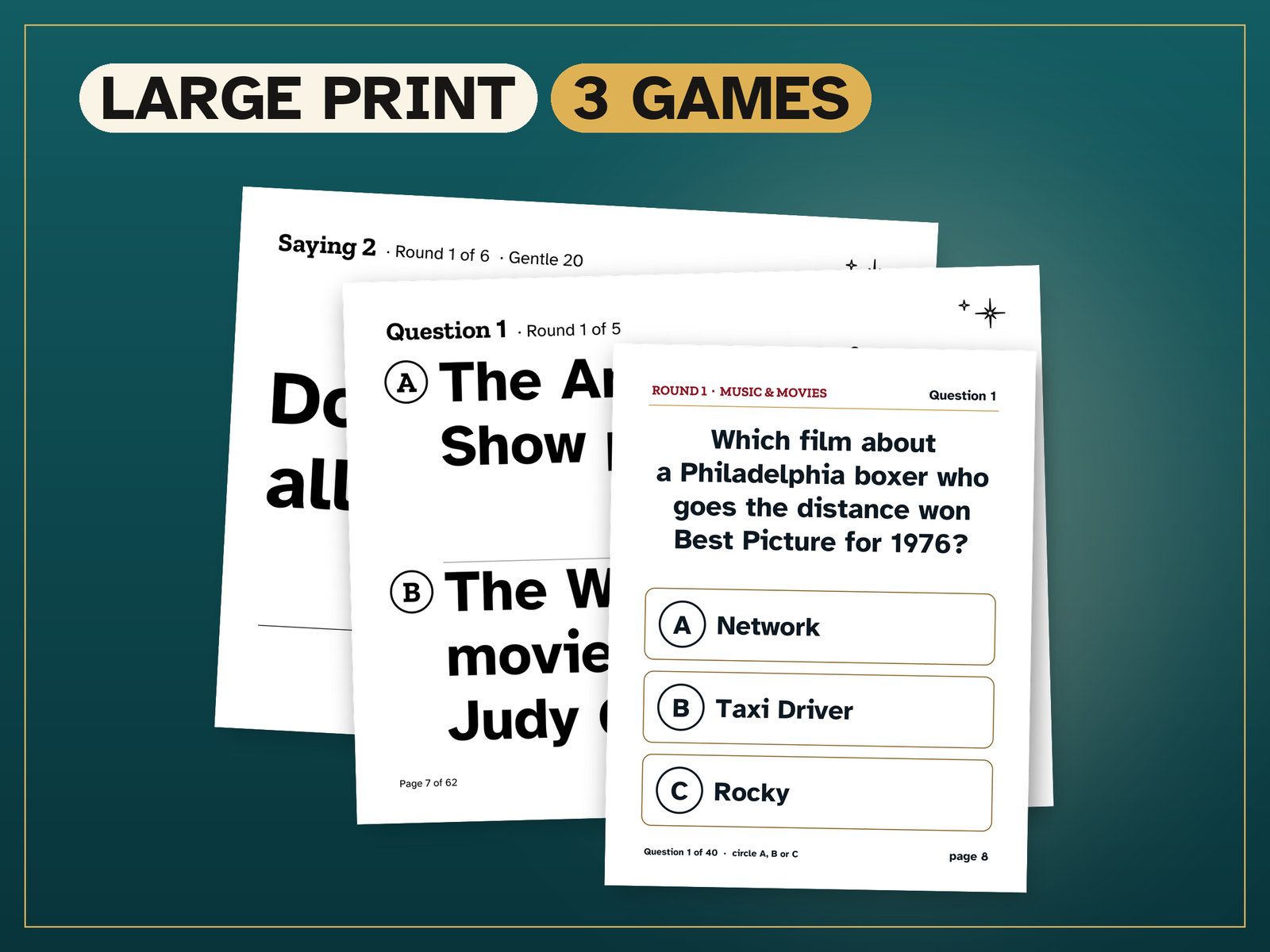 50th Birthday Games Bundle: a real page from the printable