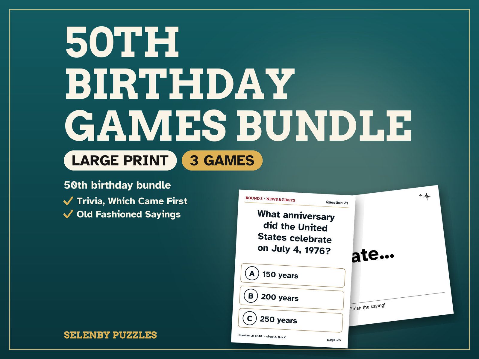 50th Birthday Games Bundle: the showcase, with a real page from the printable