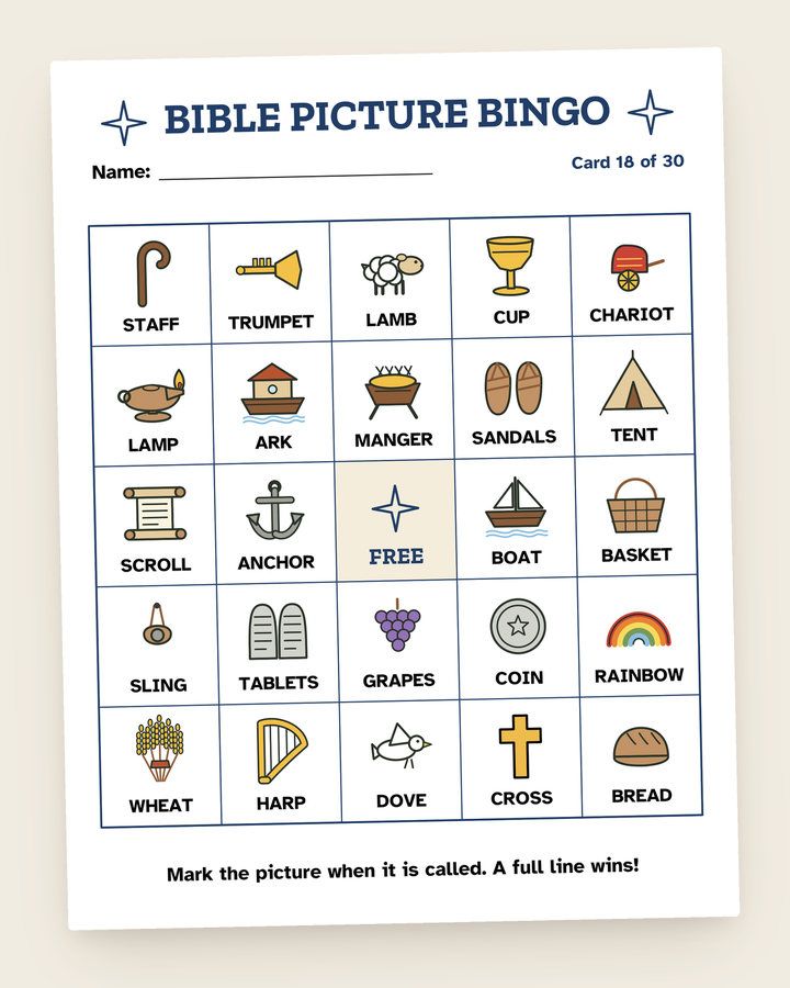 Bible Picture Bingo: a page from the printable