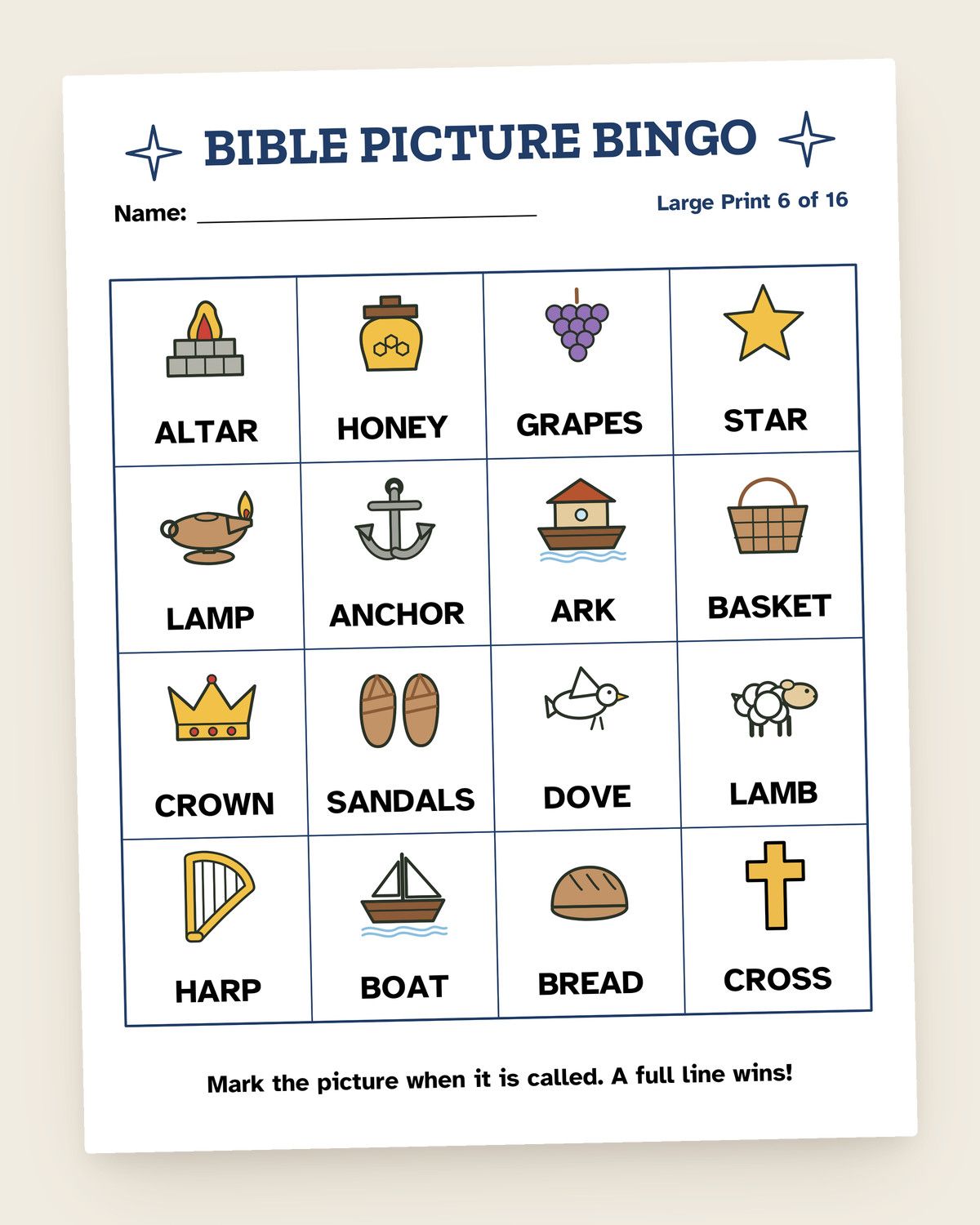 Bible Picture Bingo: a page from the printable