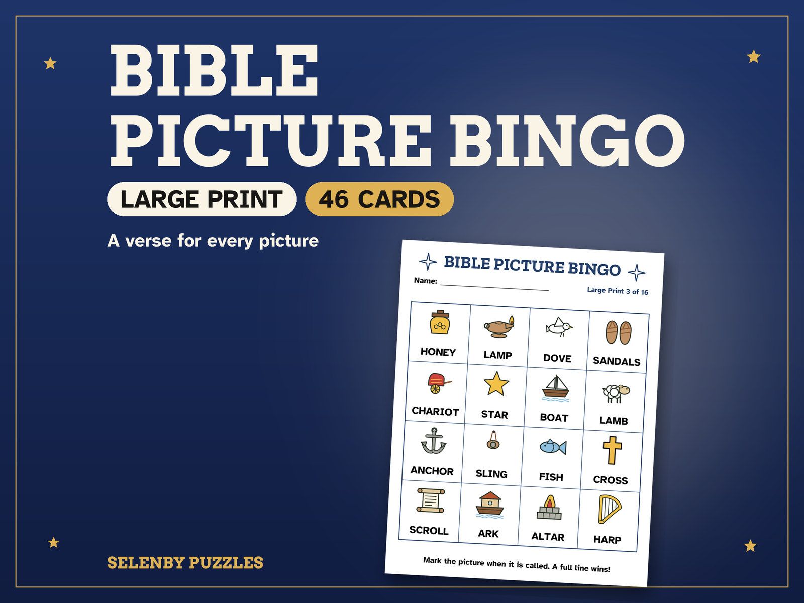 Bible Picture Bingo: the showcase, with a real page from the printable