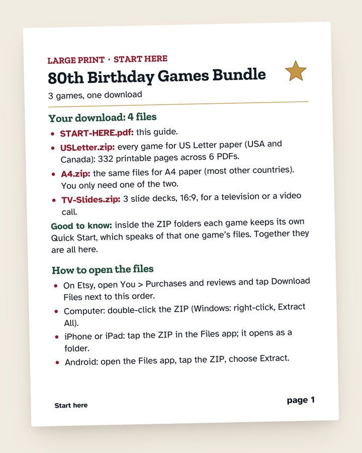 80th Birthday Games Bundle, Born in 1947: a page from the printable