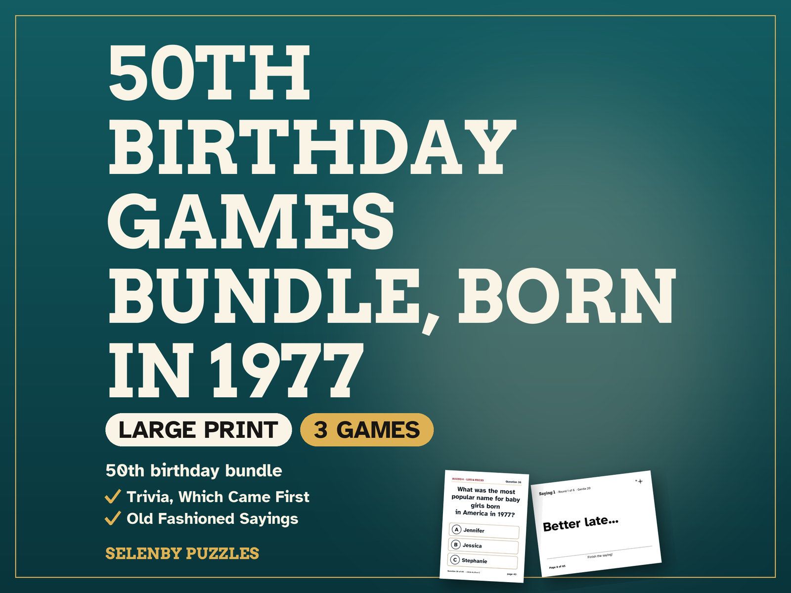 50th Birthday Games Bundle, Born in 1977: the showcase, with a real page from the printable
