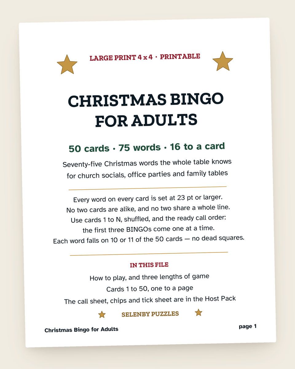Christmas Bingo for Adults: a page from the printable