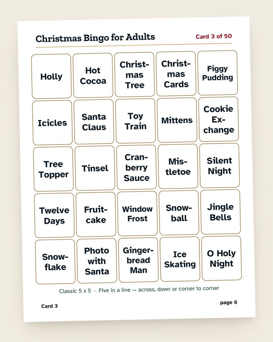 Christmas Bingo for Adults: a page from the printable