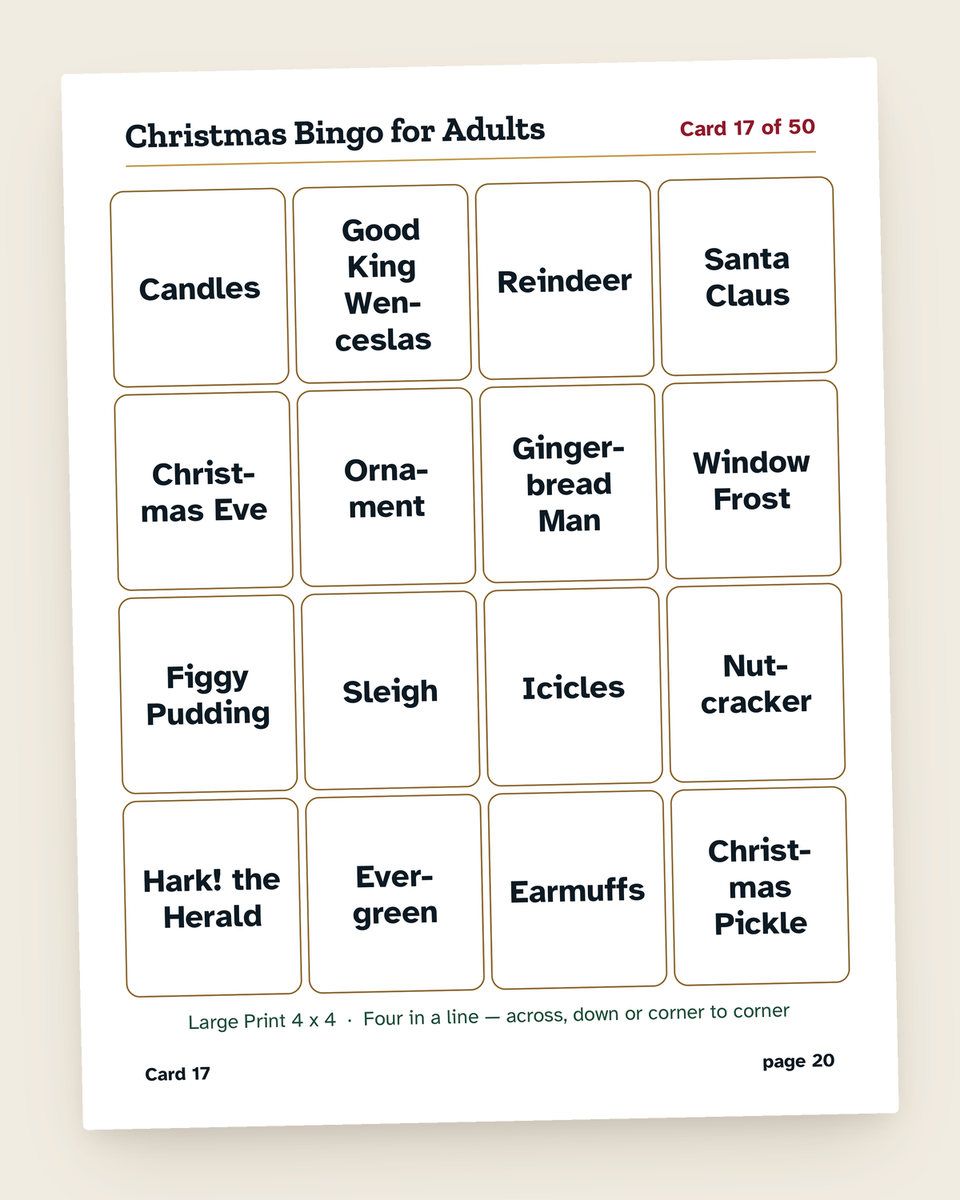 Christmas Bingo for Adults: a page from the printable