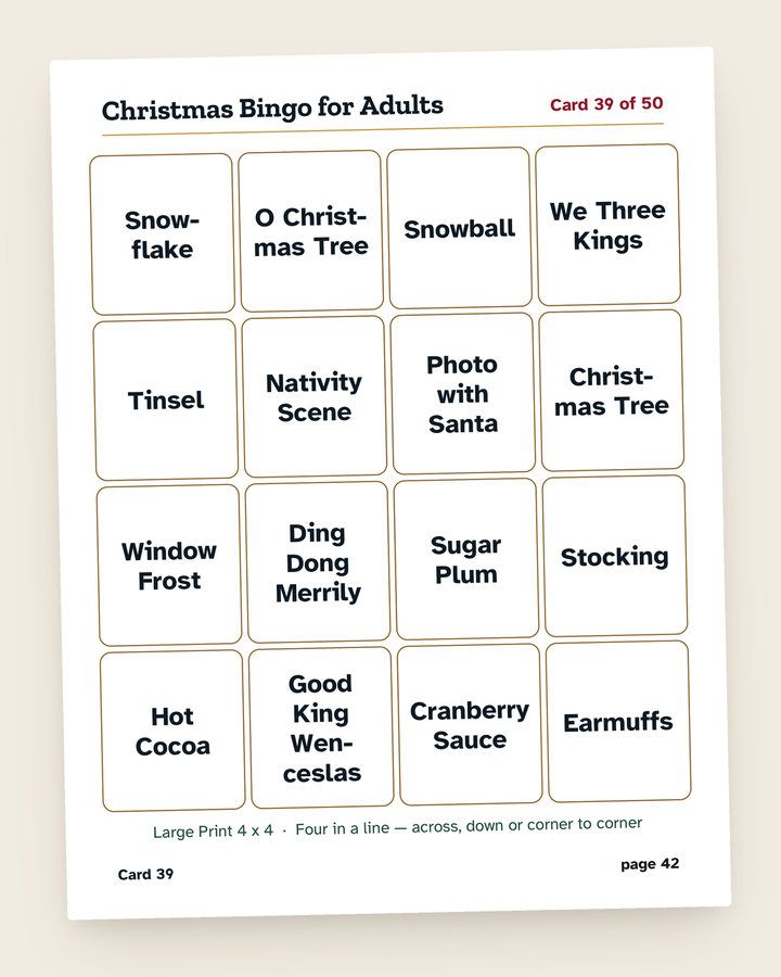Christmas Bingo for Adults: a page from the printable