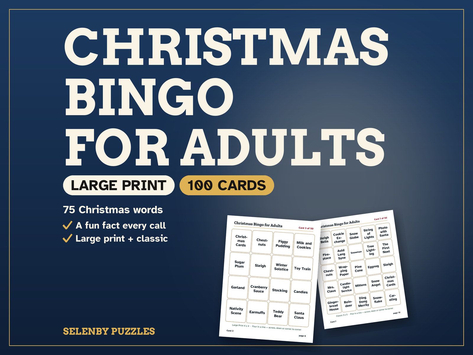 Christmas Bingo for Adults: the showcase, with a real page from the printable