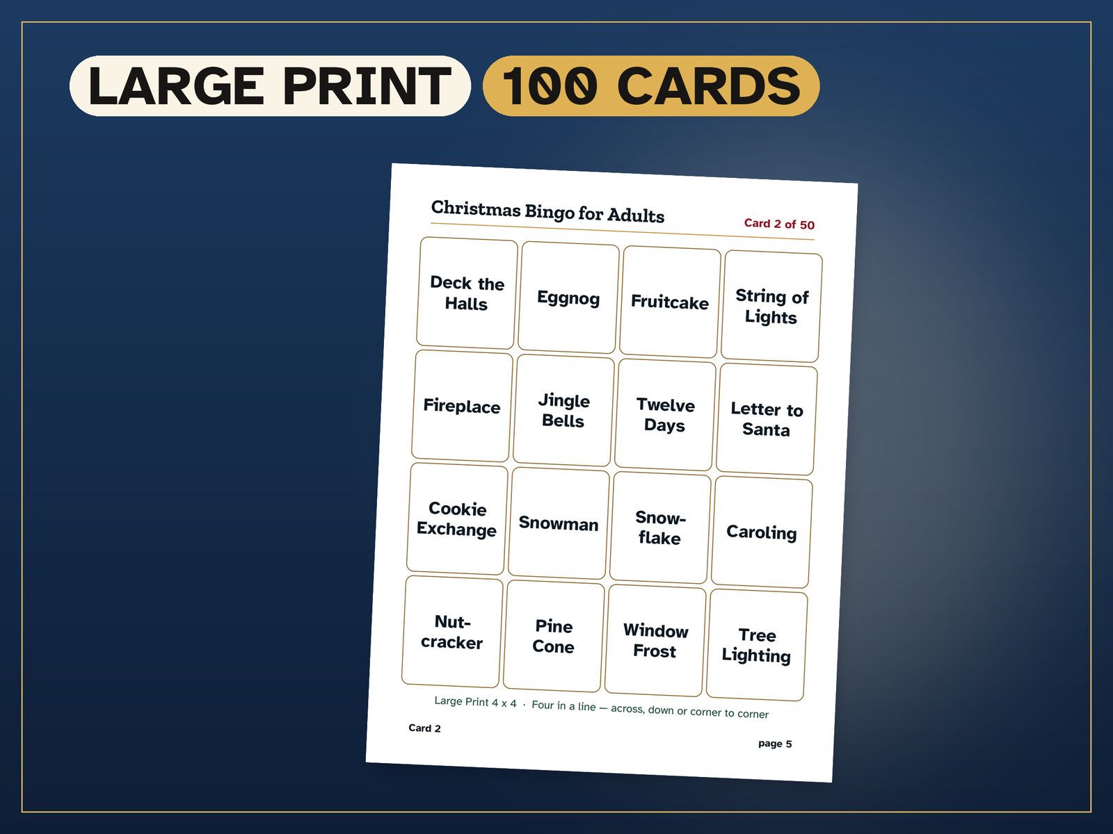 Christmas Bingo for Adults: a real page from the printable