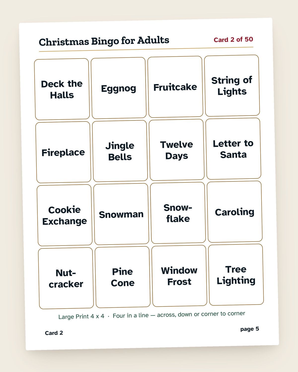 Christmas Bingo for Adults: a page from the printable