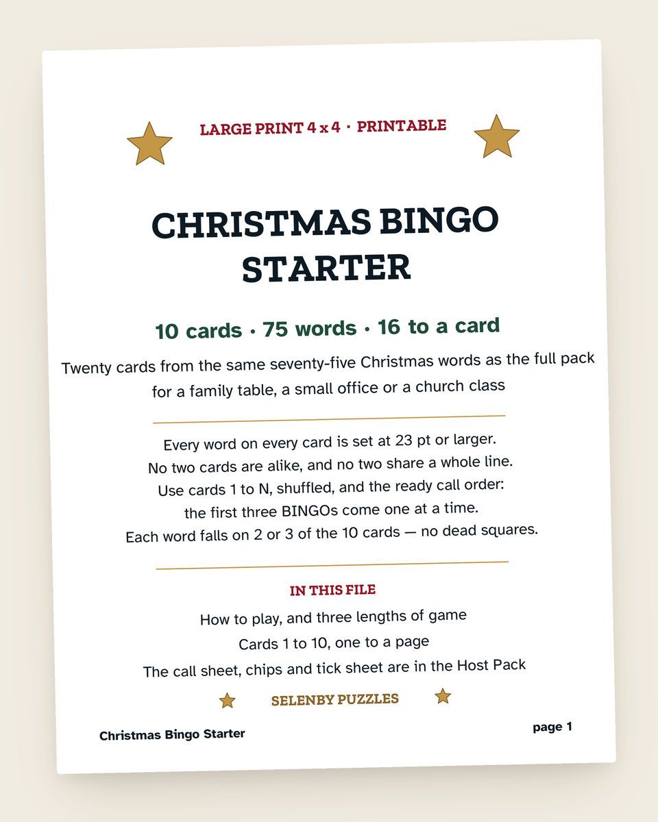 Christmas Bingo Starter: a page from the printable