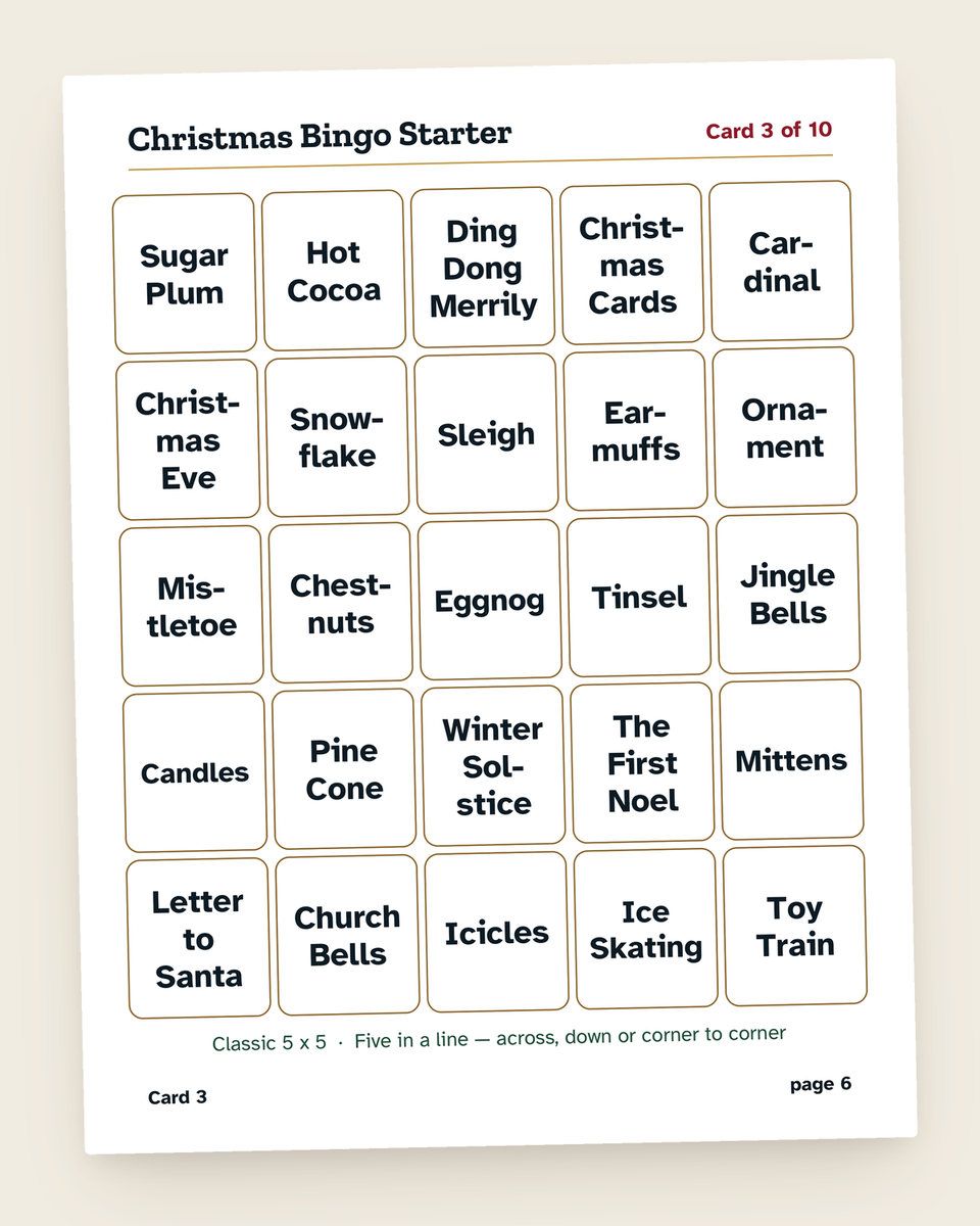 Christmas Bingo Starter: a page from the printable