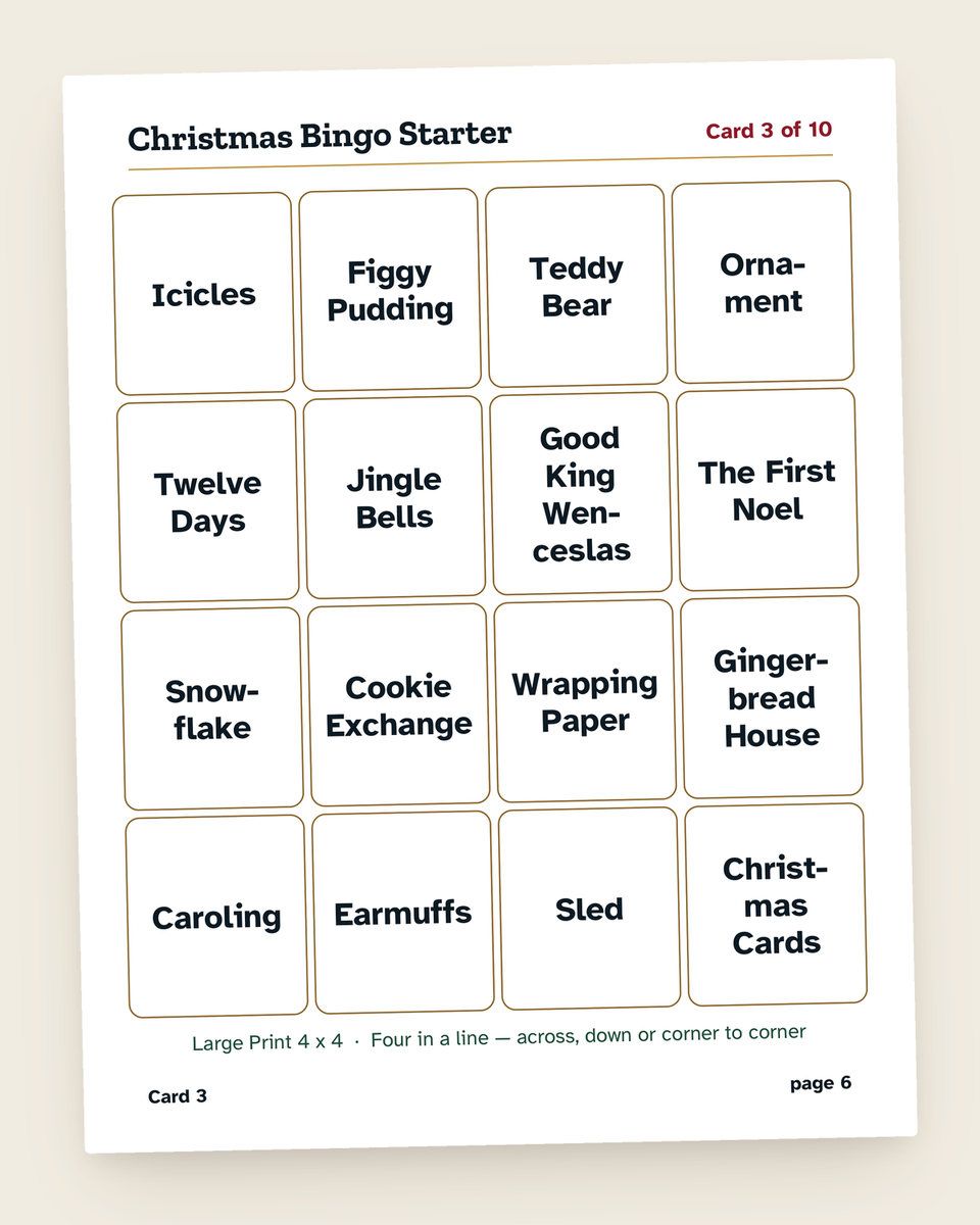 Christmas Bingo Starter: a page from the printable