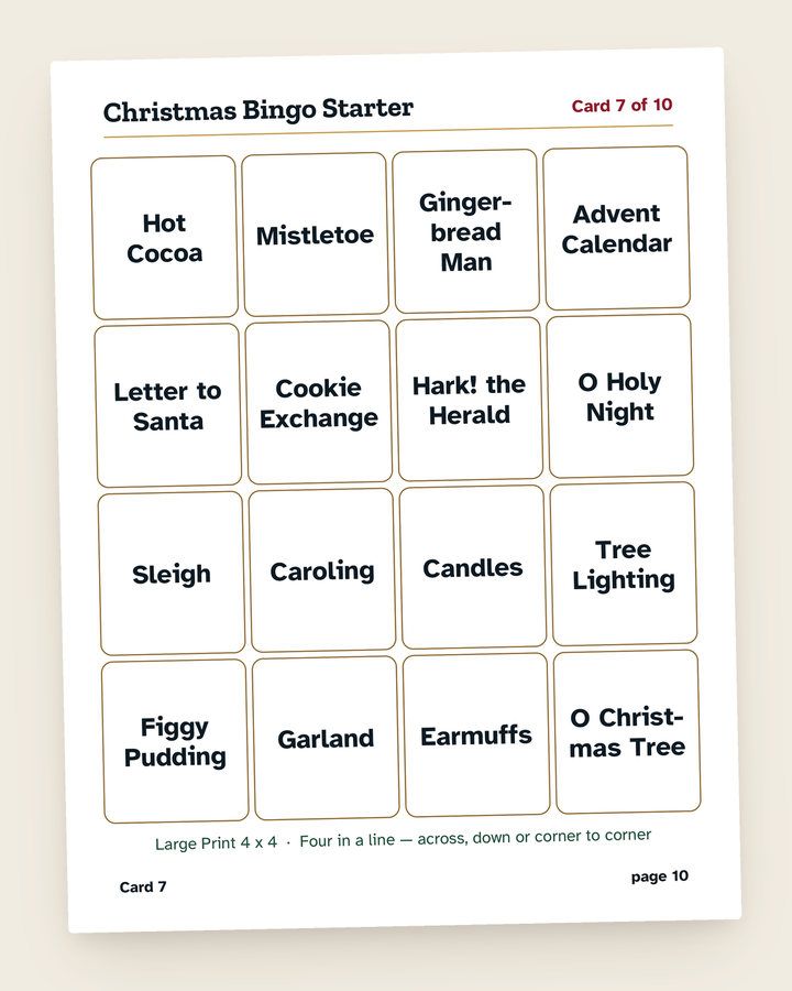 Christmas Bingo Starter: a page from the printable