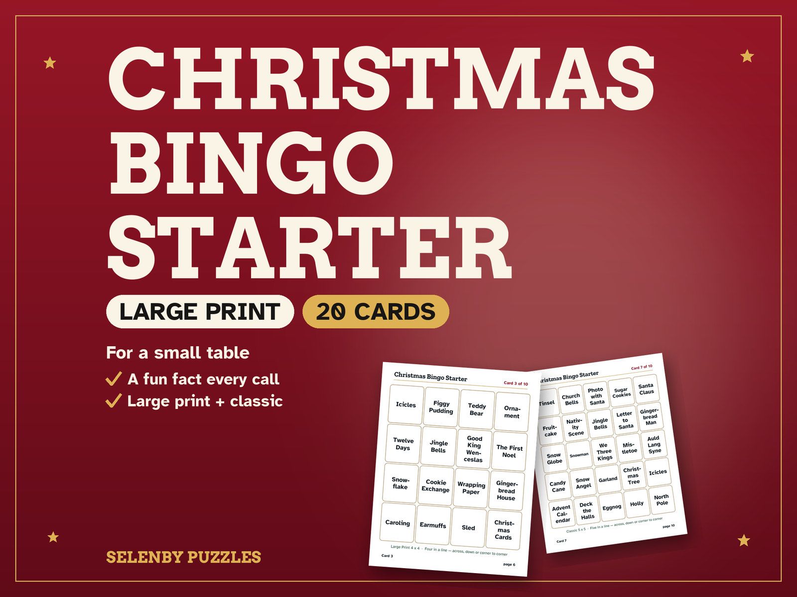 Christmas Bingo Starter: the showcase, with a real page from the printable