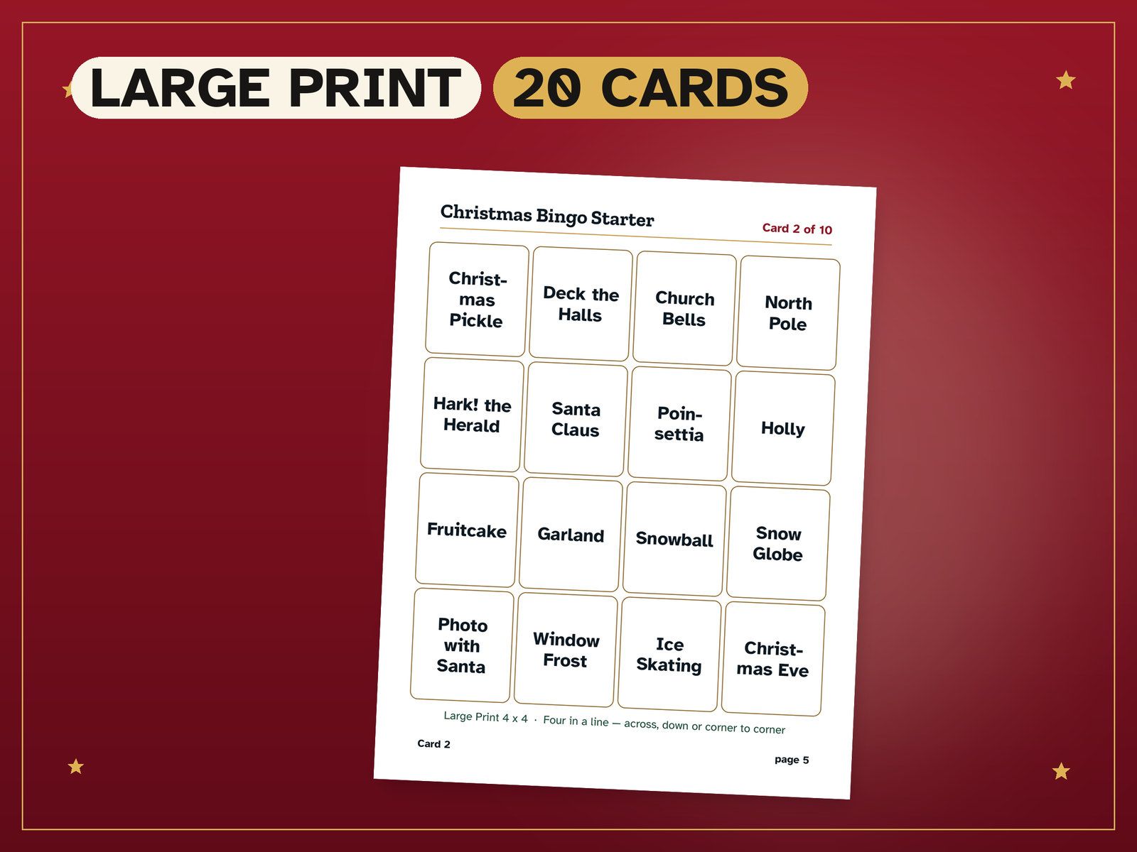Christmas Bingo Starter: a real page from the printable