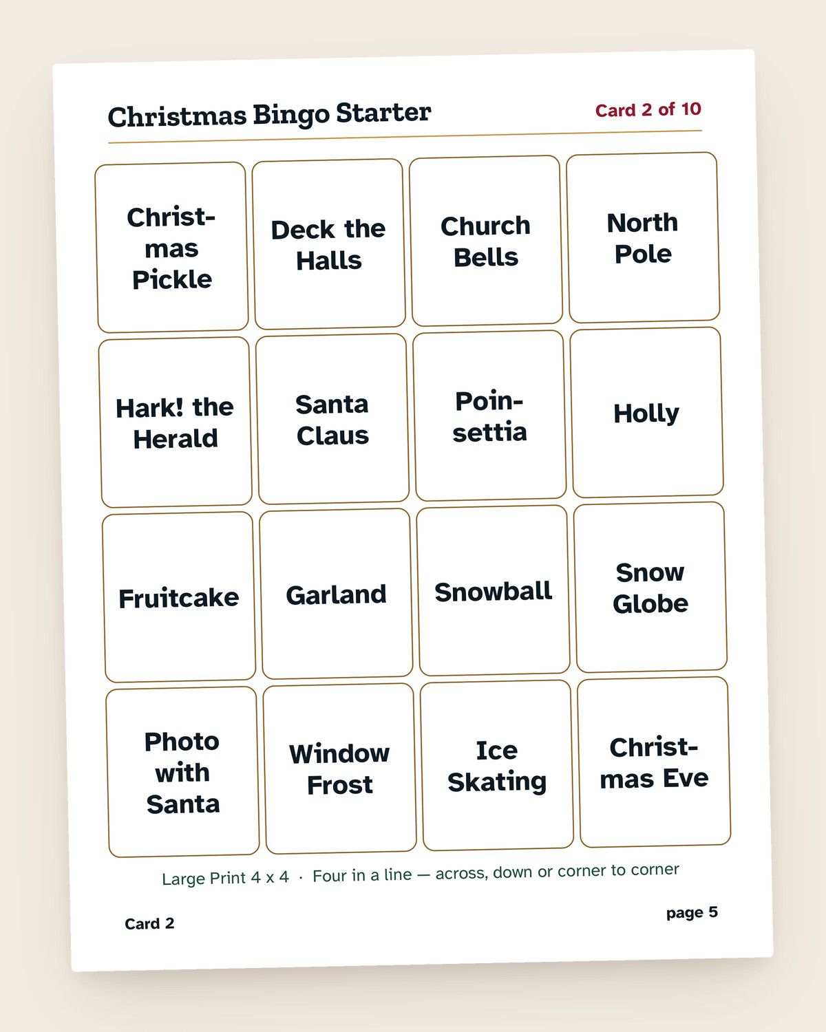 Christmas Bingo Starter: a page from the printable