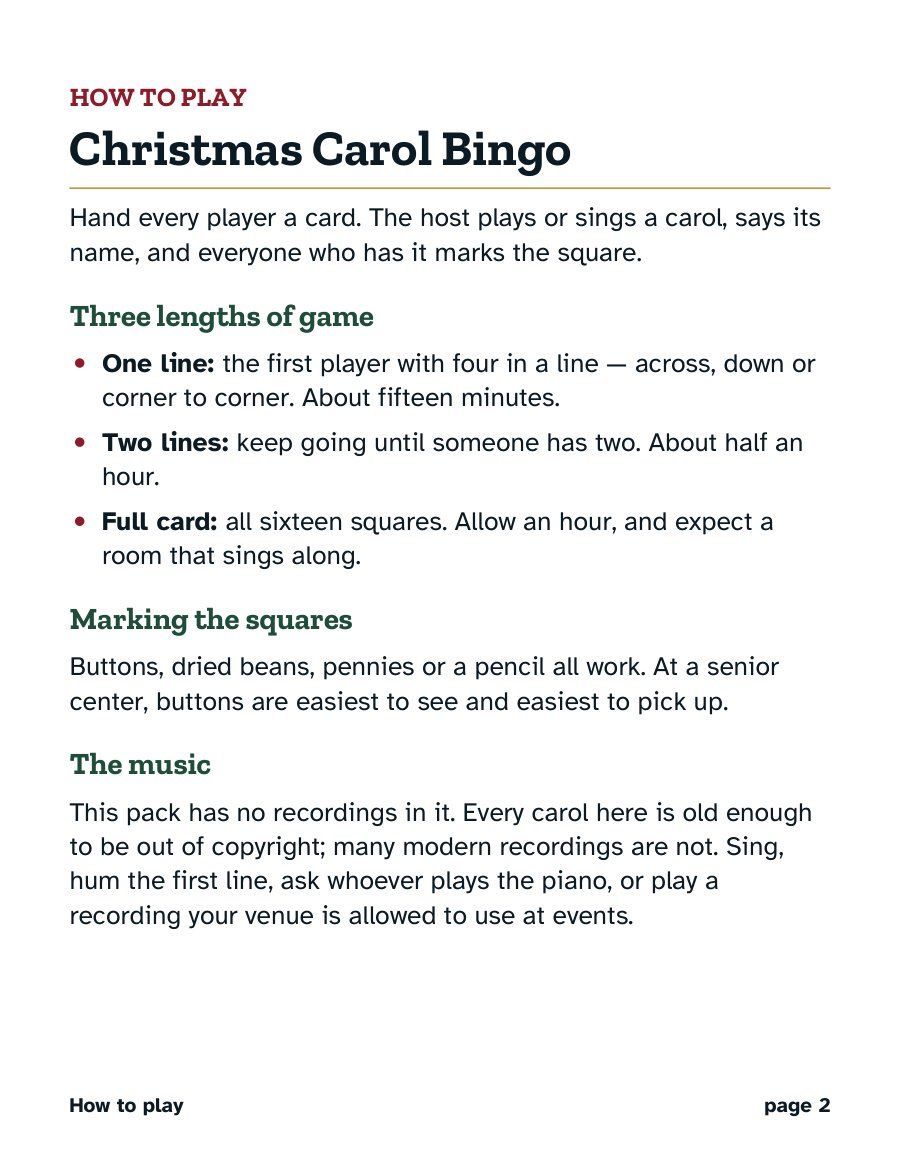 The “How to play” page of Christmas Carol Bingo, a real page from the printable.