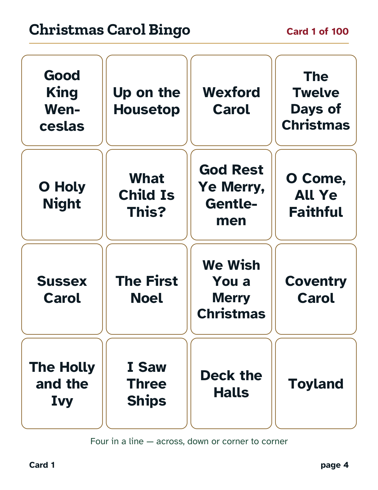 A Christmas carol bingo card in large print: sixteen carol titles on a four by four card.