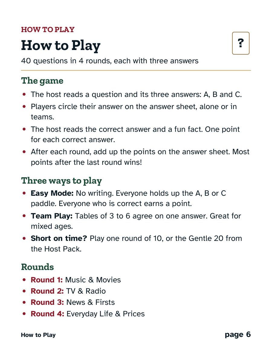 The “How to play” page of 1976 Trivia, a real page from the printable.