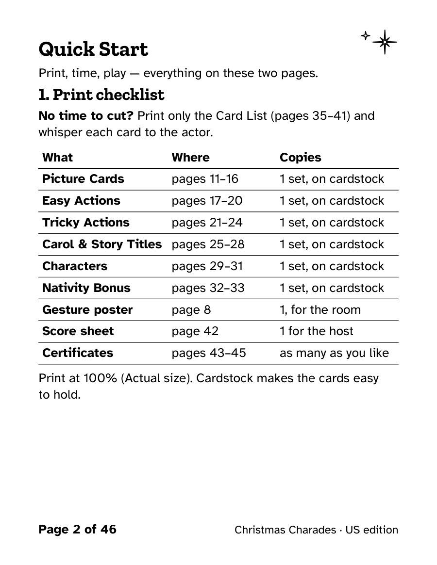 The “Quick Start” page of Christmas Charades, a real page from the printable.