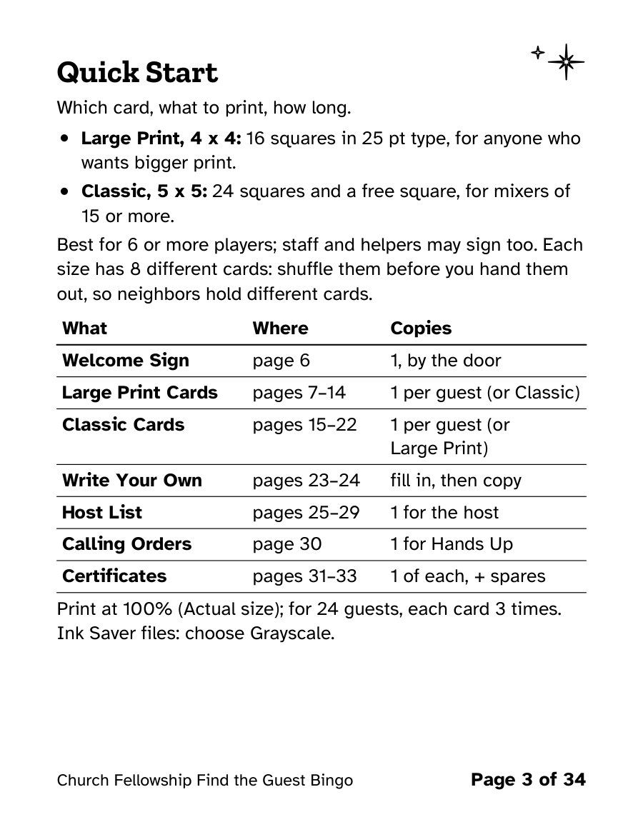 The “Quick Start” page of Church Fellowship Find the Guest Bingo, a real page from the printable.