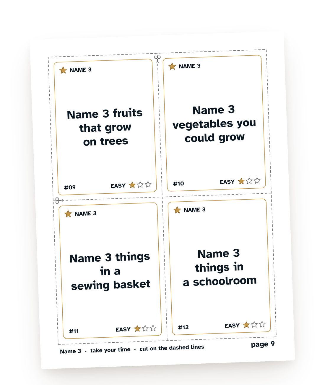 A page of large print cards from Name Three Things for Older Adults: three fruits that grow on trees, three vegetables you could grow, three things in a sewing basket, three things in a schoolroom