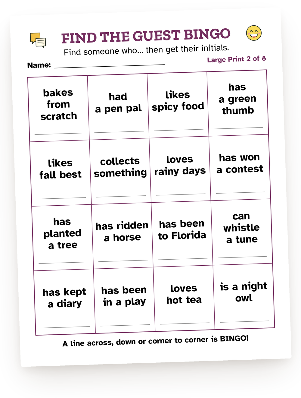 A Find the Guest Bingo card: sixteen squares such as “bakes from scratch” and “has a green thumb”, to fill with guests’ initials.