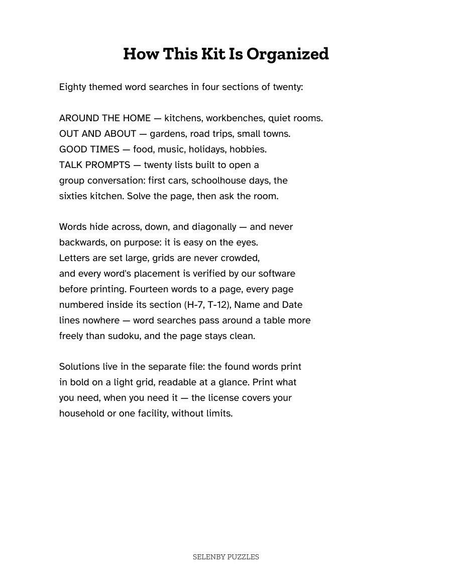 The “How this kit is organized” page of the Large Print Word Search Kit, a real page from the printable.