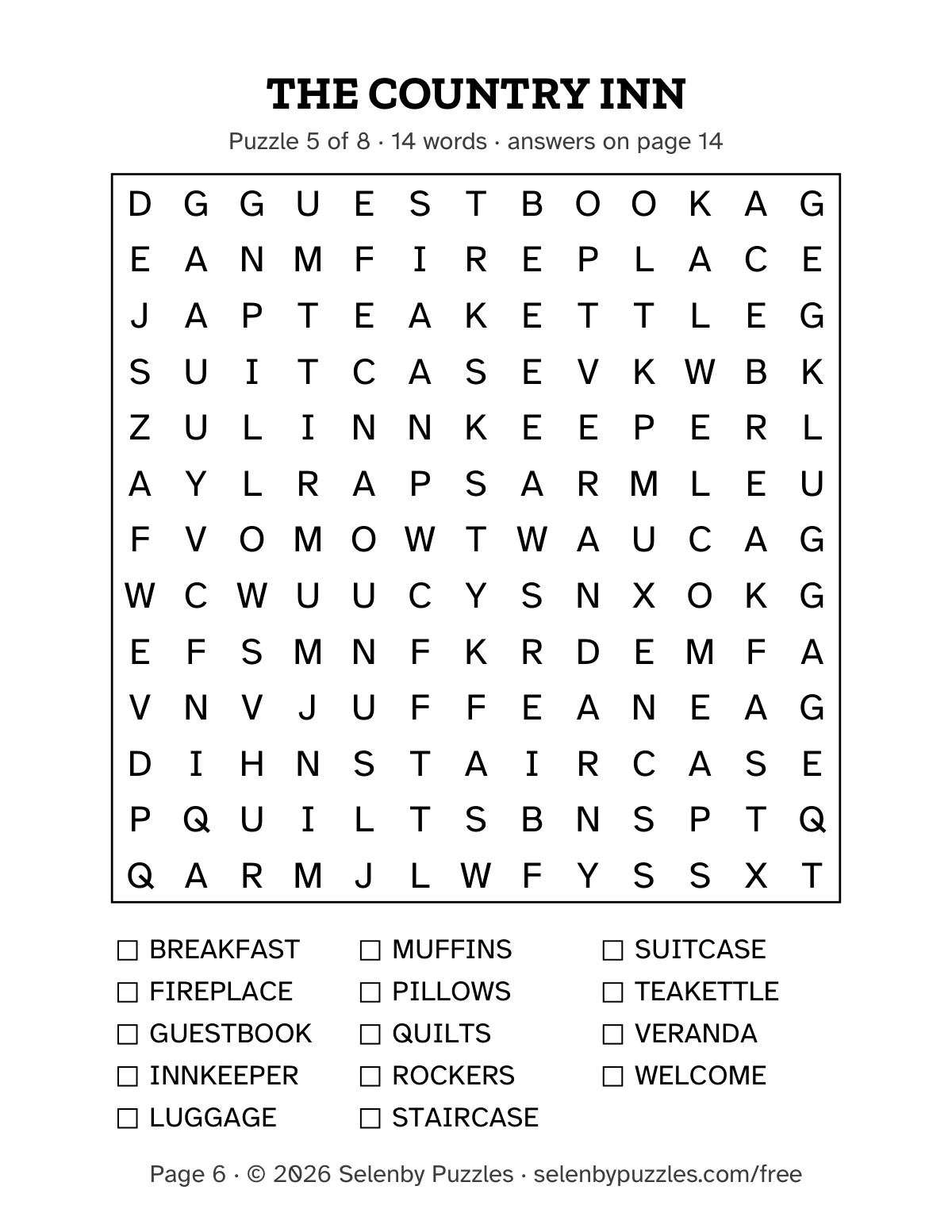 The Country Inn, a large print word search page: a 13 by 13 grid of 24 pt letters with 14 words listed under it, each with a tick box.