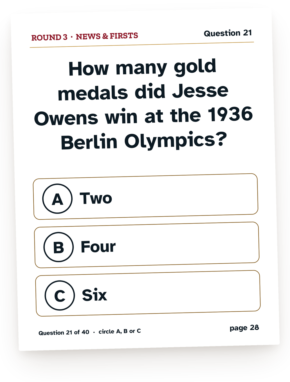 A question card from the 1936 game: How many gold medals did Jesse Owens win at the 1936 Berlin Olympics?