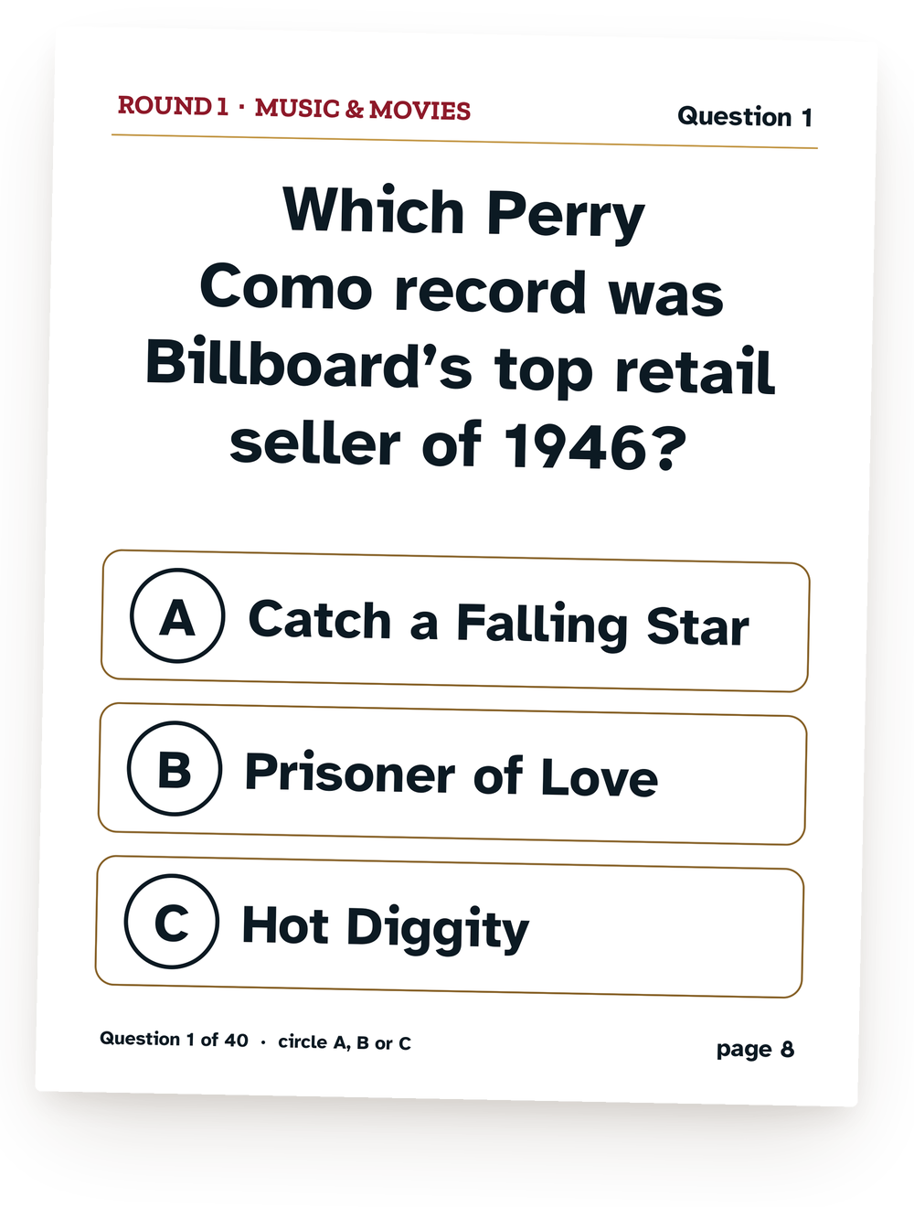 A question card from the 1946 game: Which Perry Como record was Billboard’s top retail seller of 1946?