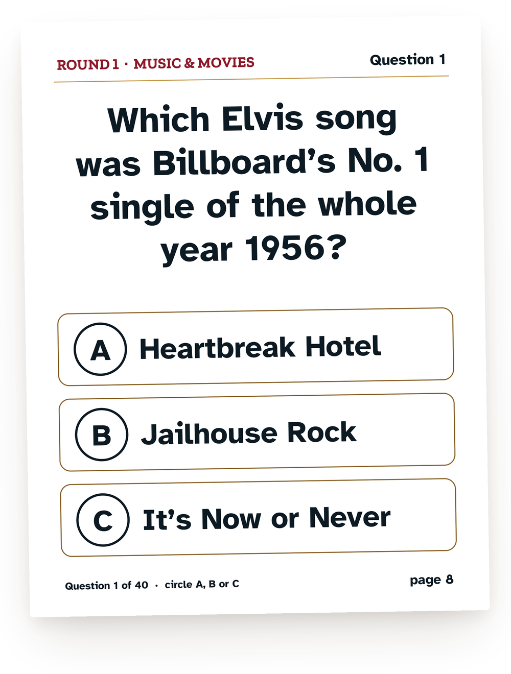 A question card from the 1956 game: Which Elvis song was Billboard’s No. 1 single of the whole year 1956?