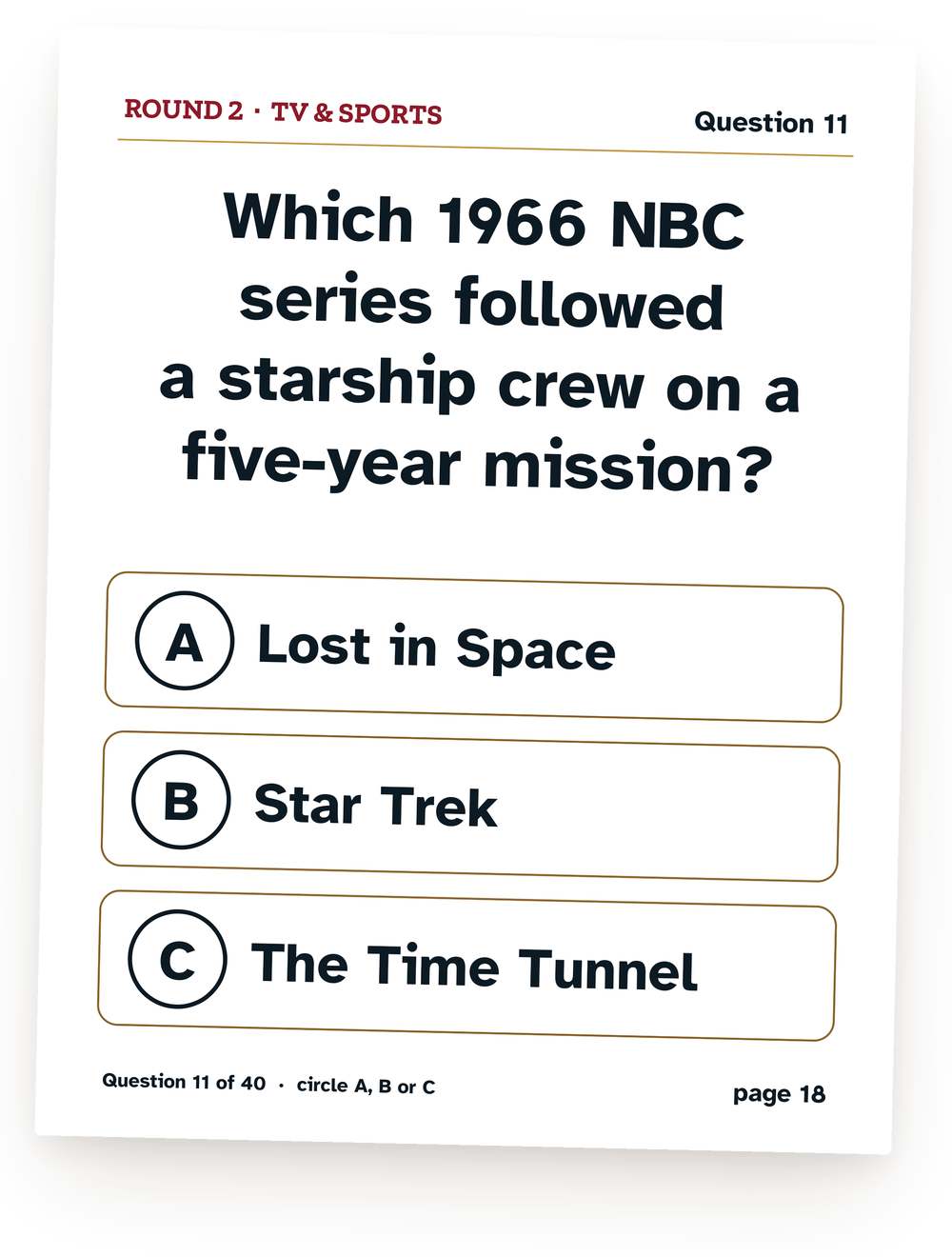A question card from the 1966 game: Which 1966 NBC series followed a starship crew on a five-year mission?