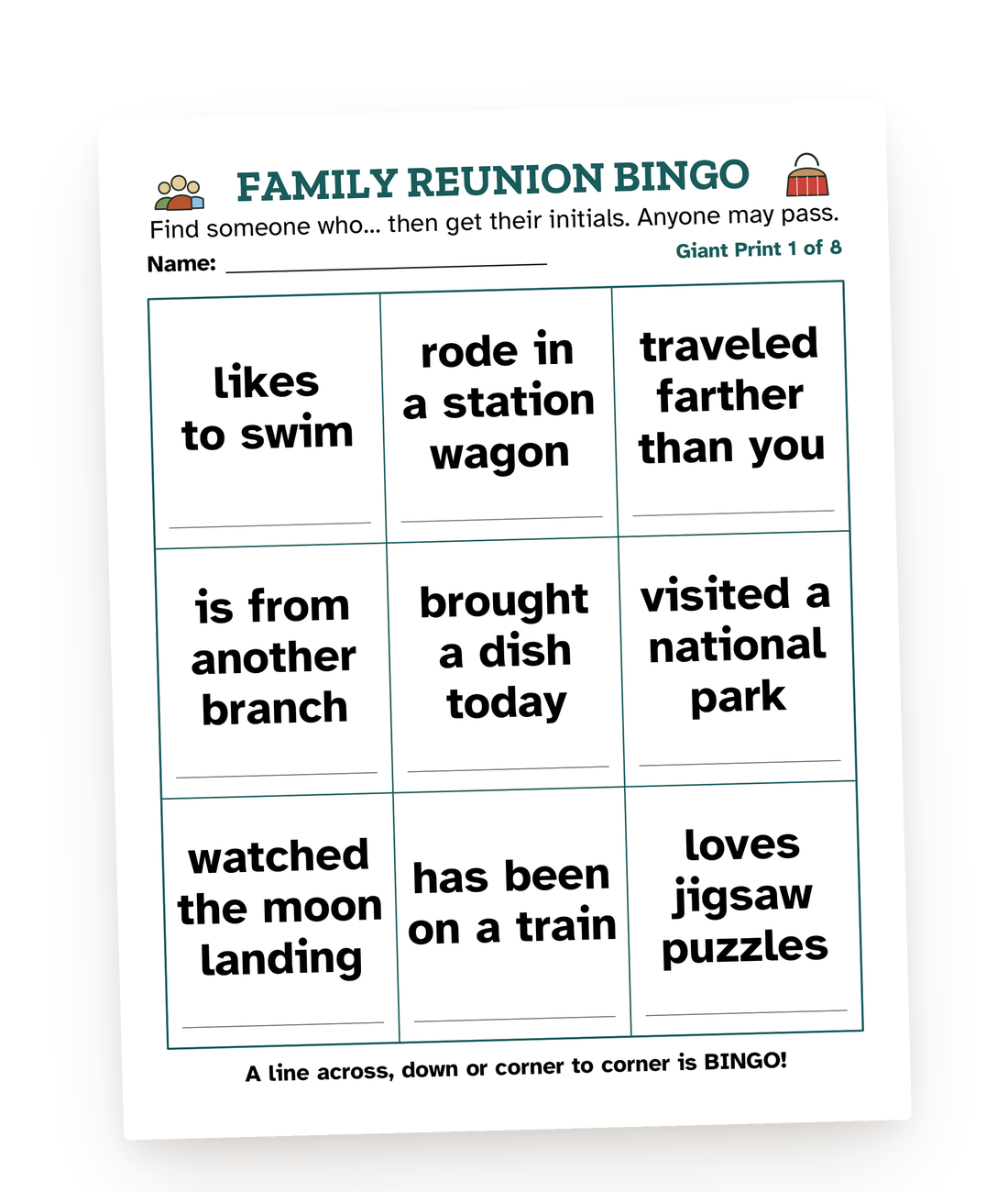 A page from one of our printable Family reunion games
