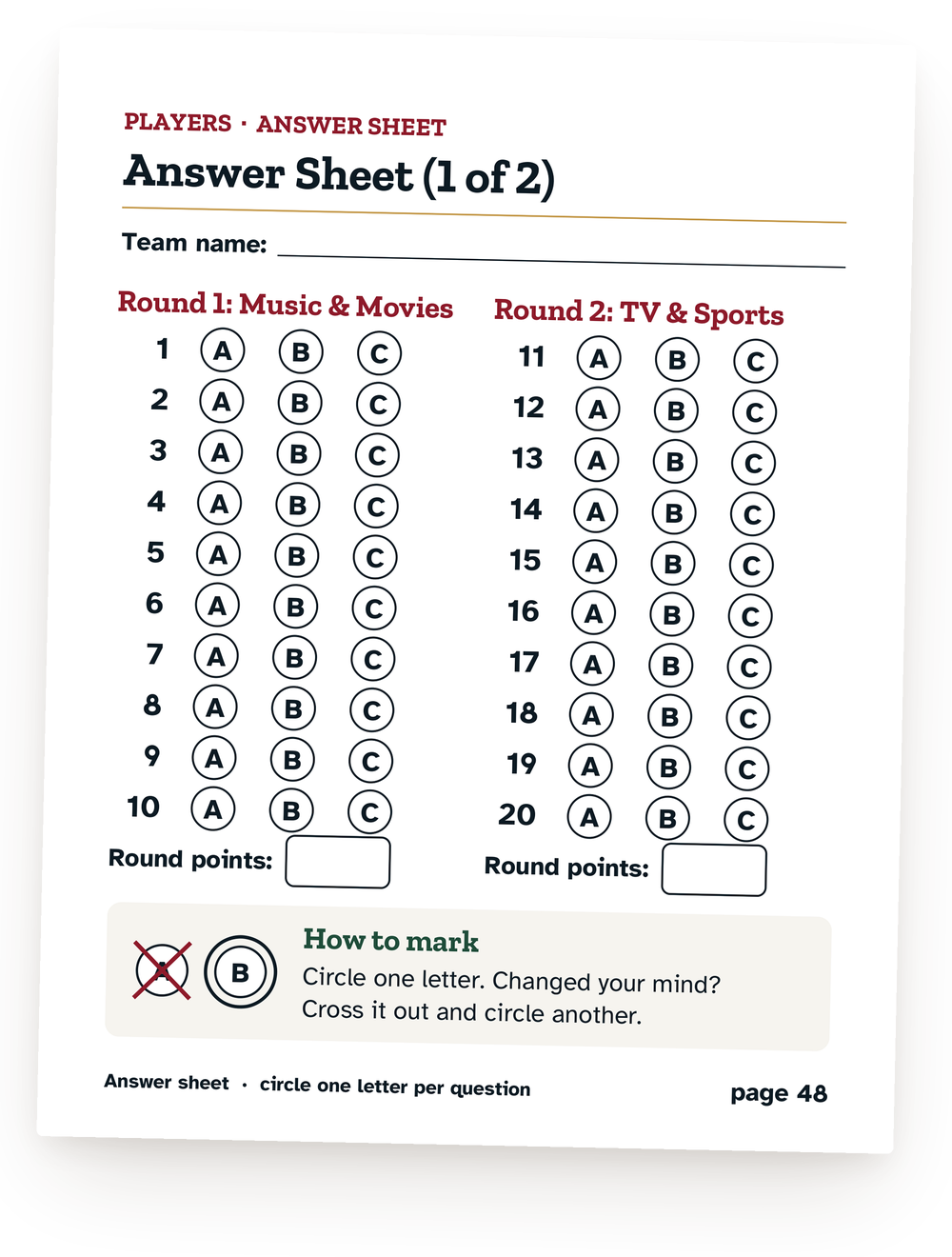 The 1947 Trivia answer sheet: rounds 1 and 2, circle A, B or C.
