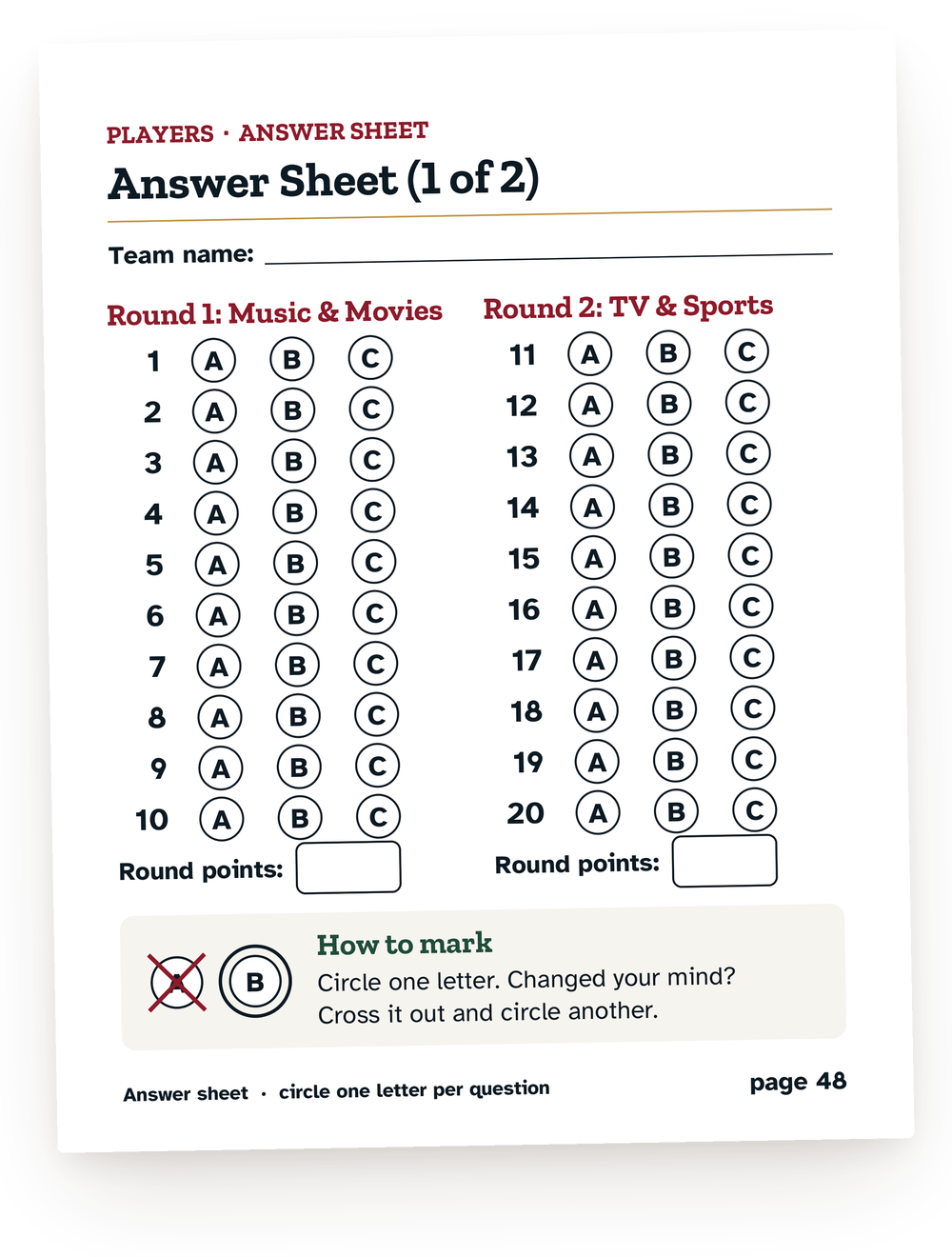 The 1957 Trivia answer sheet: rounds 1 and 2, circle A, B or C.