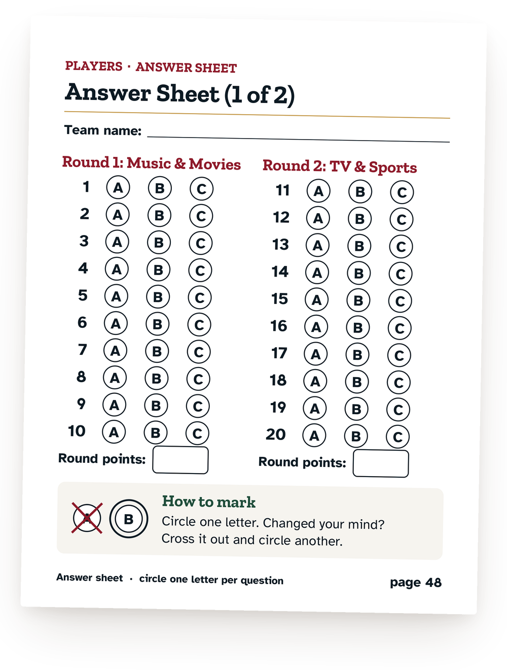 The 1967 Trivia answer sheet: rounds 1 and 2, circle A, B or C.