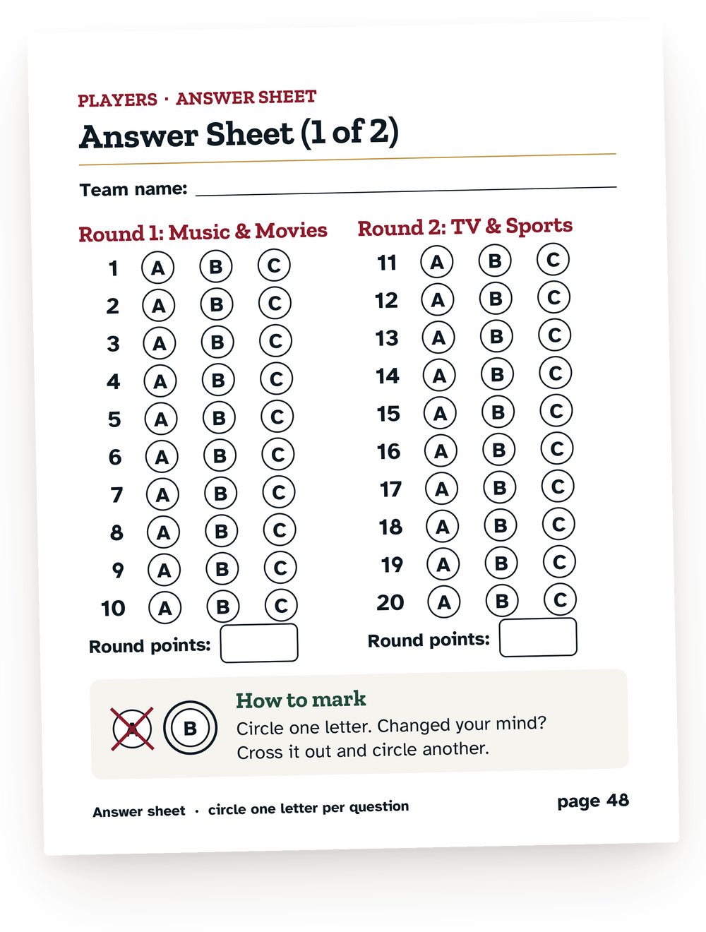 The 1977 Trivia answer sheet: rounds 1 and 2, circle A, B or C.