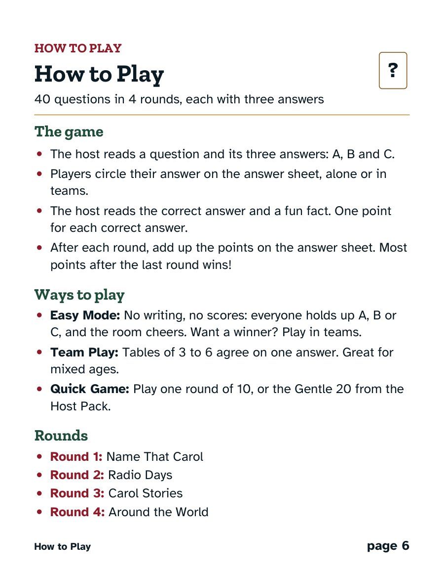The “How to play” page of Christmas Song Trivia, a real page from the printable.