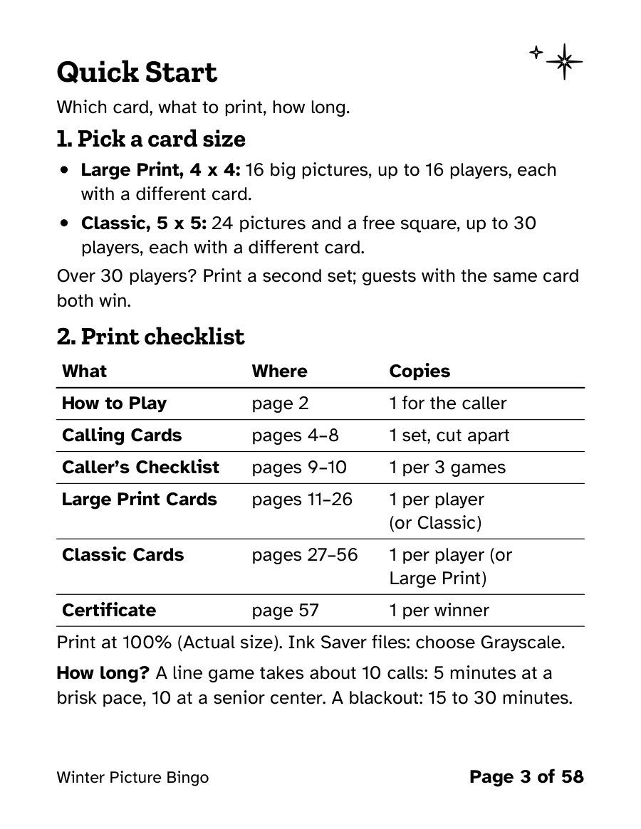 The “Quick Start” page of Winter Picture Bingo, a real page from the printable.
